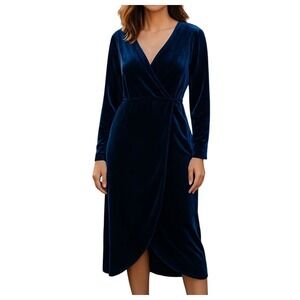 ZOMVA Velvet Maxi Dress 3XL Plus Navy Blue Wrap V Neck Long Sleeve Formal NWOT